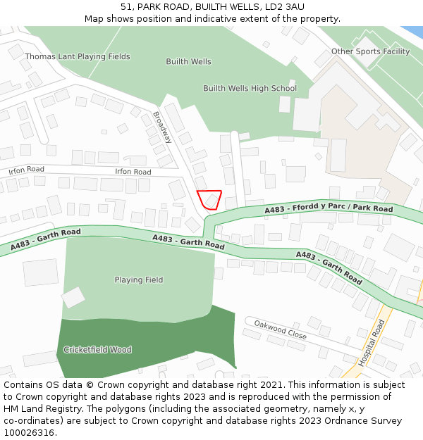 51, PARK ROAD, BUILTH WELLS, LD2 3AU: Location map and indicative extent of plot