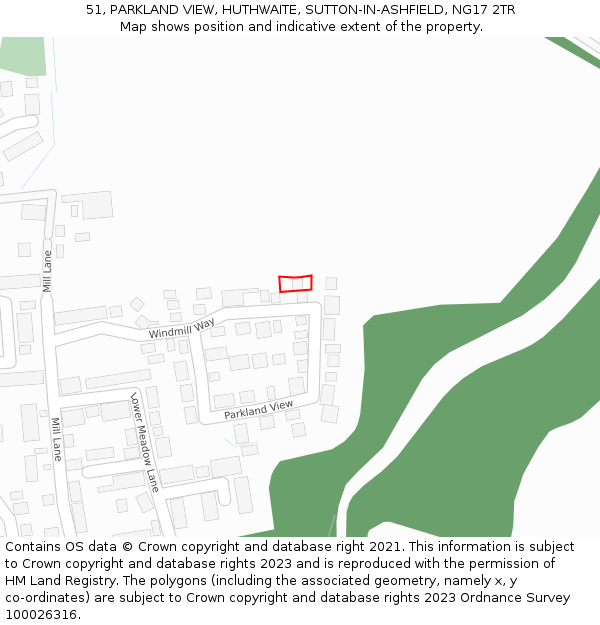 51, PARKLAND VIEW, HUTHWAITE, SUTTON-IN-ASHFIELD, NG17 2TR: Location map and indicative extent of plot