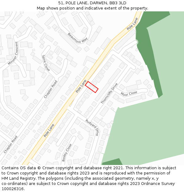 51, POLE LANE, DARWEN, BB3 3LD: Location map and indicative extent of plot