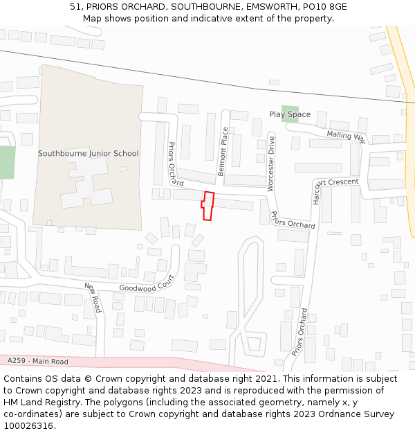 51, PRIORS ORCHARD, SOUTHBOURNE, EMSWORTH, PO10 8GE: Location map and indicative extent of plot