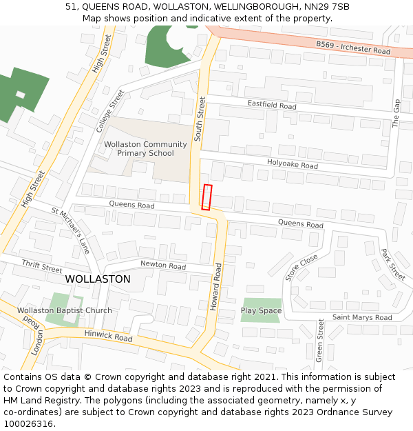 51, QUEENS ROAD, WOLLASTON, WELLINGBOROUGH, NN29 7SB: Location map and indicative extent of plot