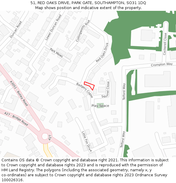 51, RED OAKS DRIVE, PARK GATE, SOUTHAMPTON, SO31 1DQ: Location map and indicative extent of plot