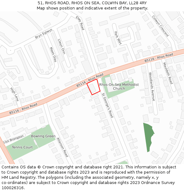 51, RHOS ROAD, RHOS ON SEA, COLWYN BAY, LL28 4RY: Location map and indicative extent of plot