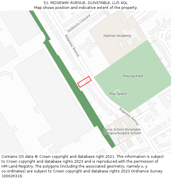 51, RIDGEWAY AVENUE, DUNSTABLE, LU5 4QL: Location map and indicative extent of plot