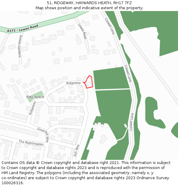 51, RIDGEWAY, HAYWARDS HEATH, RH17 7FZ: Location map and indicative extent of plot