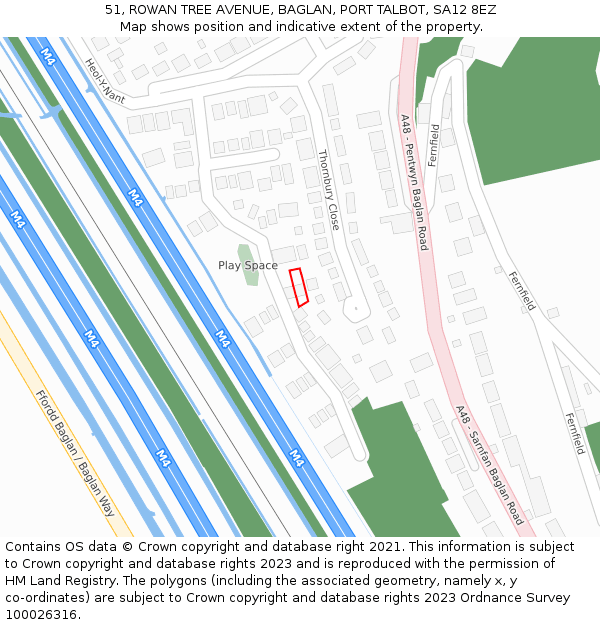51, ROWAN TREE AVENUE, BAGLAN, PORT TALBOT, SA12 8EZ: Location map and indicative extent of plot