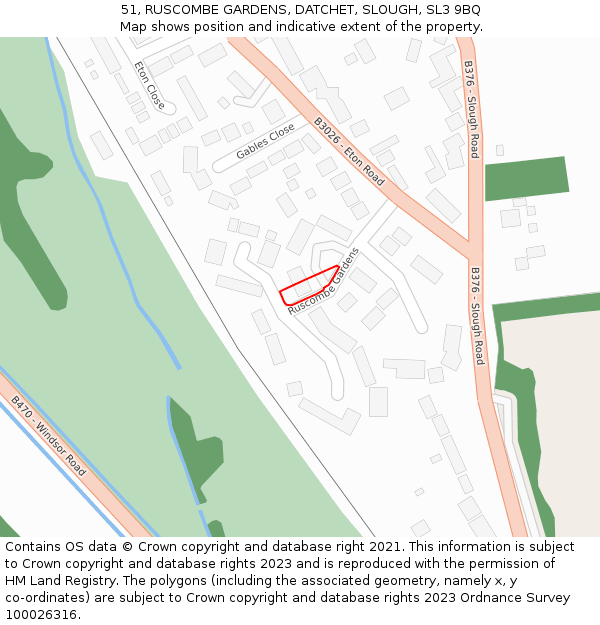 51, RUSCOMBE GARDENS, DATCHET, SLOUGH, SL3 9BQ: Location map and indicative extent of plot