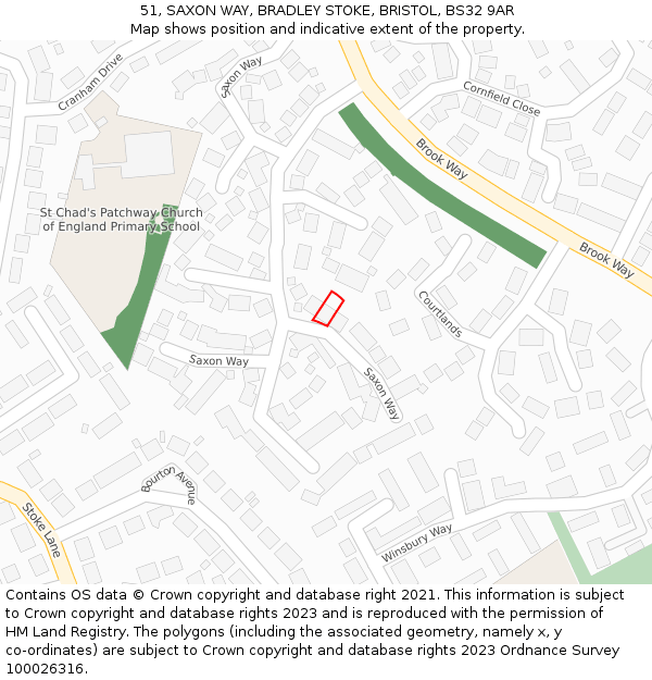 51, SAXON WAY, BRADLEY STOKE, BRISTOL, BS32 9AR: Location map and indicative extent of plot