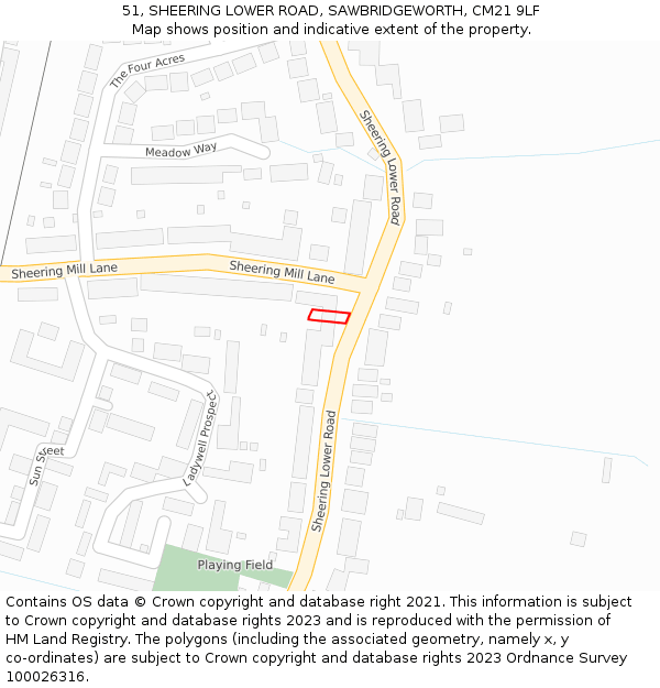 51, SHEERING LOWER ROAD, SAWBRIDGEWORTH, CM21 9LF: Location map and indicative extent of plot