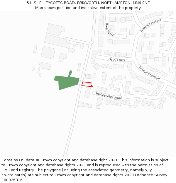 51, SHELLEYCOTES ROAD, BRIXWORTH, NORTHAMPTON, NN6 9NE: Location map and indicative extent of plot