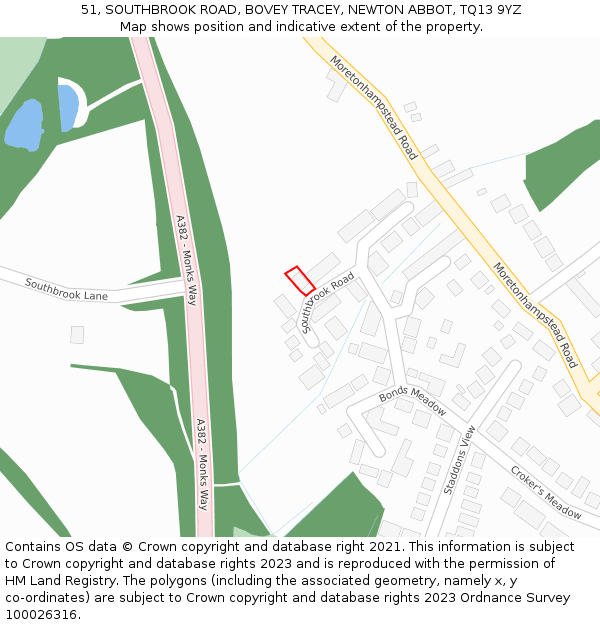 51, SOUTHBROOK ROAD, BOVEY TRACEY, NEWTON ABBOT, TQ13 9YZ: Location map and indicative extent of plot