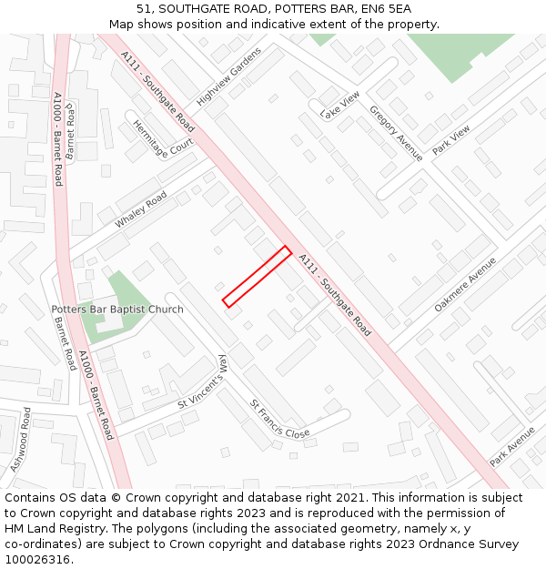 51, SOUTHGATE ROAD, POTTERS BAR, EN6 5EA: Location map and indicative extent of plot