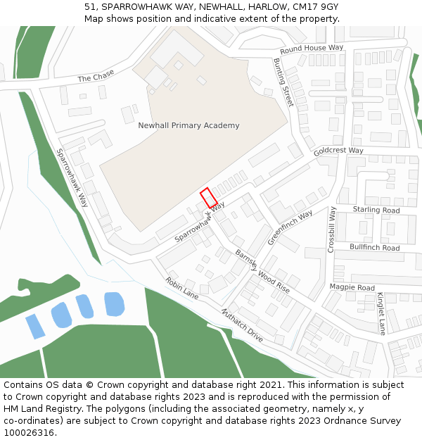 51, SPARROWHAWK WAY, NEWHALL, HARLOW, CM17 9GY: Location map and indicative extent of plot