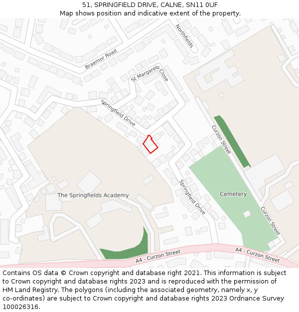 51, SPRINGFIELD DRIVE, CALNE, SN11 0UF: Location map and indicative extent of plot