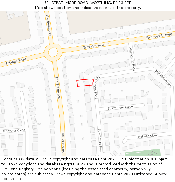 51, STRATHMORE ROAD, WORTHING, BN13 1PF: Location map and indicative extent of plot