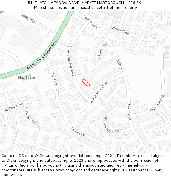 51, THATCH MEADOW DRIVE, MARKET HARBOROUGH, LE16 7XH: Location map and indicative extent of plot