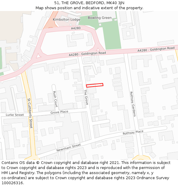 51, THE GROVE, BEDFORD, MK40 3JN: Location map and indicative extent of plot