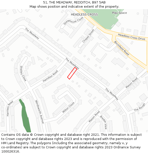 51, THE MEADWAY, REDDITCH, B97 5AB: Location map and indicative extent of plot