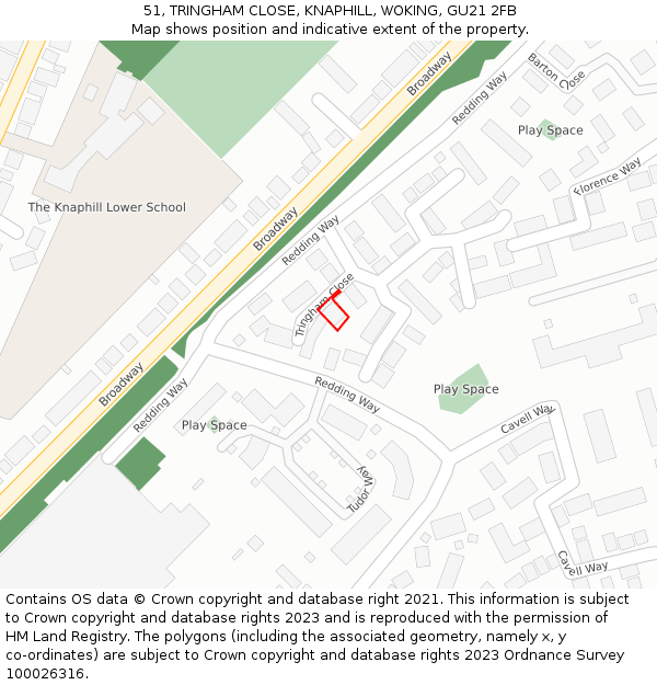 51, TRINGHAM CLOSE, KNAPHILL, WOKING, GU21 2FB: Location map and indicative extent of plot