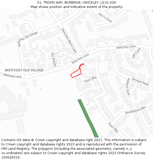 51, TROON WAY, BURBAGE, HINCKLEY, LE10 2GX: Location map and indicative extent of plot