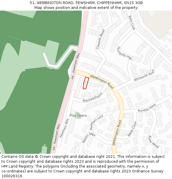 51, WEBBINGTON ROAD, PEWSHAM, CHIPPENHAM, SN15 3GB: Location map and indicative extent of plot