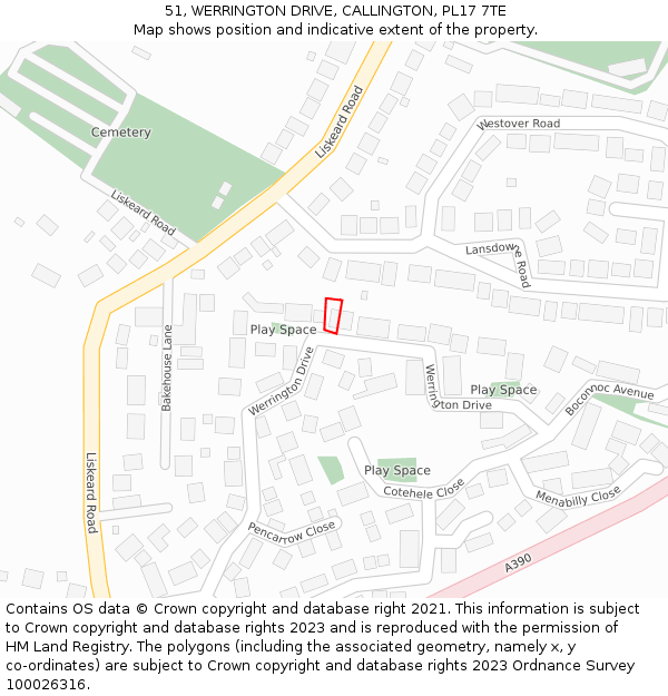 51, WERRINGTON DRIVE, CALLINGTON, PL17 7TE: Location map and indicative extent of plot