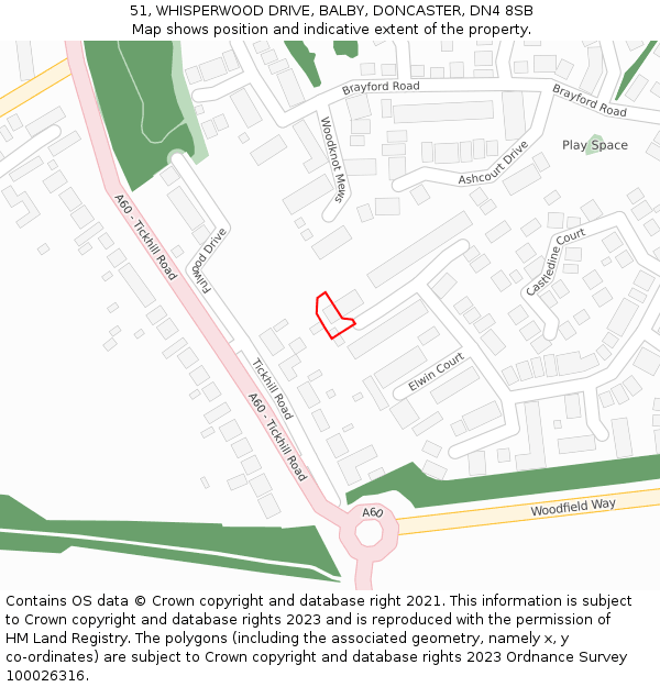 51, WHISPERWOOD DRIVE, BALBY, DONCASTER, DN4 8SB: Location map and indicative extent of plot