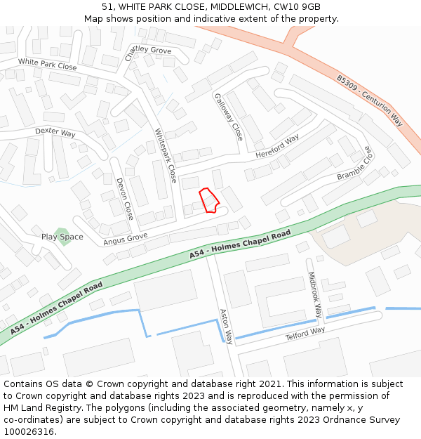51, WHITE PARK CLOSE, MIDDLEWICH, CW10 9GB: Location map and indicative extent of plot