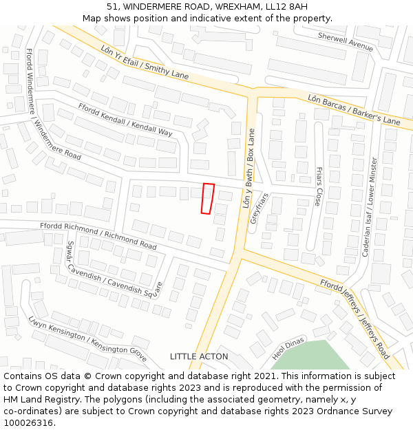 51, WINDERMERE ROAD, WREXHAM, LL12 8AH: Location map and indicative extent of plot