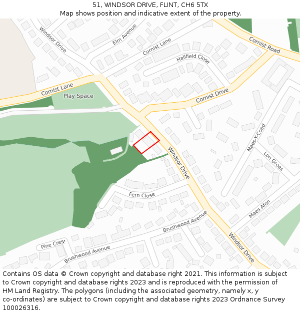 51, WINDSOR DRIVE, FLINT, CH6 5TX: Location map and indicative extent of plot