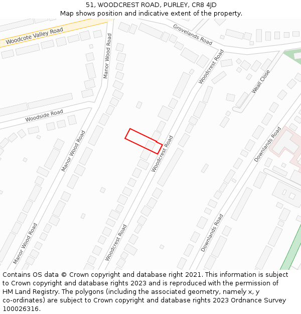 51, WOODCREST ROAD, PURLEY, CR8 4JD: Location map and indicative extent of plot