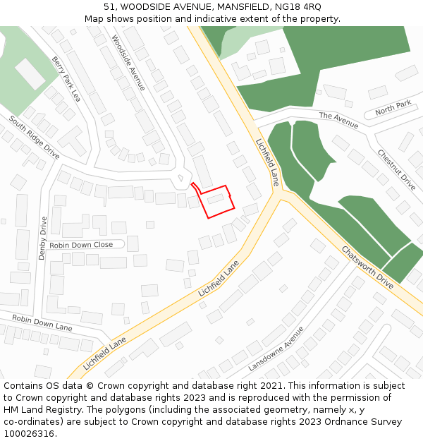 51, WOODSIDE AVENUE, MANSFIELD, NG18 4RQ: Location map and indicative extent of plot