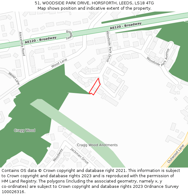 51, WOODSIDE PARK DRIVE, HORSFORTH, LEEDS, LS18 4TG: Location map and indicative extent of plot