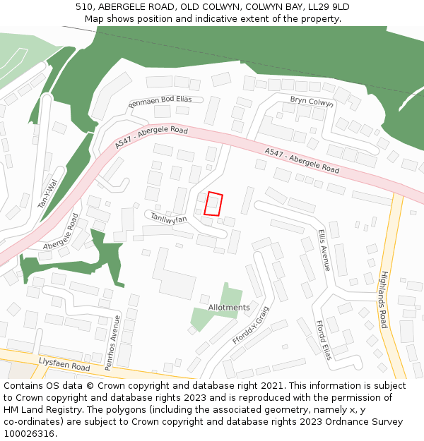 510, ABERGELE ROAD, OLD COLWYN, COLWYN BAY, LL29 9LD: Location map and indicative extent of plot