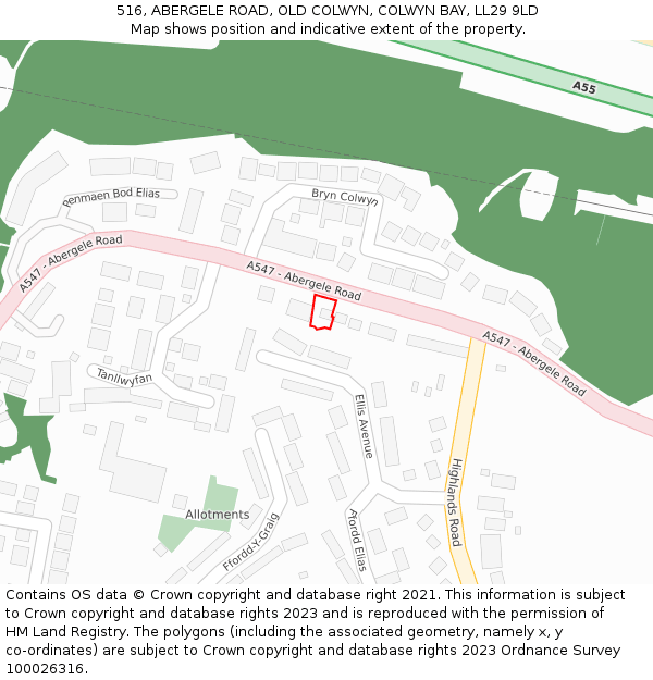 516, ABERGELE ROAD, OLD COLWYN, COLWYN BAY, LL29 9LD: Location map and indicative extent of plot