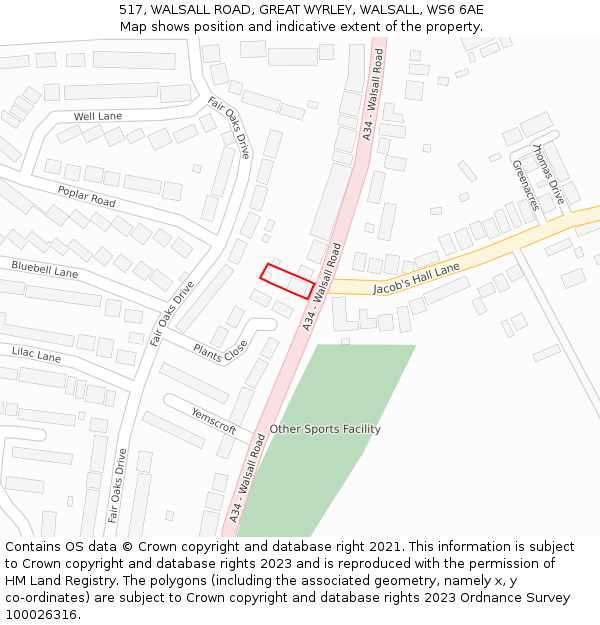 517, WALSALL ROAD, GREAT WYRLEY, WALSALL, WS6 6AE: Location map and indicative extent of plot