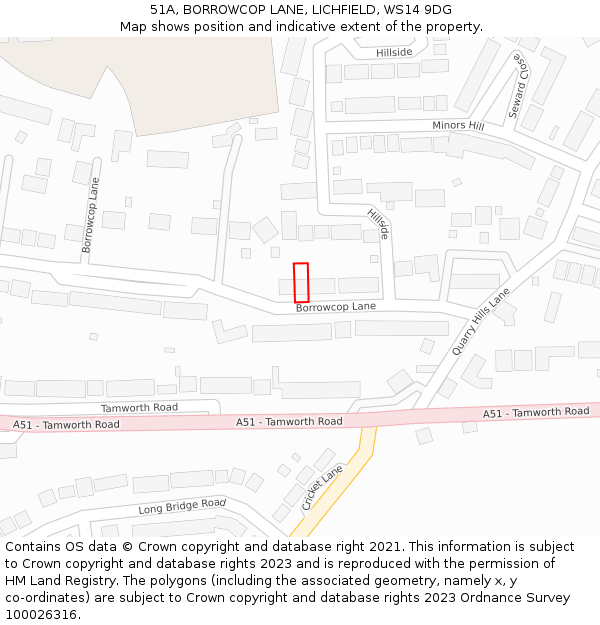 51A, BORROWCOP LANE, LICHFIELD, WS14 9DG: Location map and indicative extent of plot