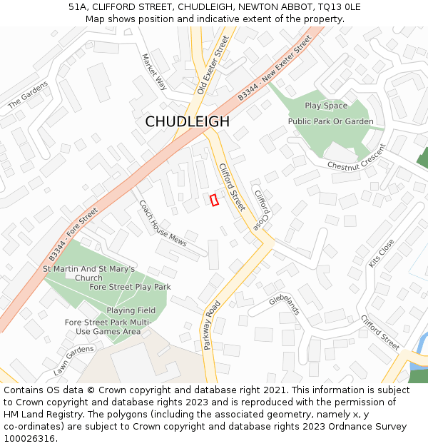 51A, CLIFFORD STREET, CHUDLEIGH, NEWTON ABBOT, TQ13 0LE: Location map and indicative extent of plot