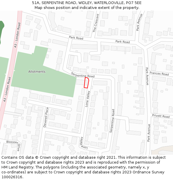 51A, SERPENTINE ROAD, WIDLEY, WATERLOOVILLE, PO7 5EE: Location map and indicative extent of plot