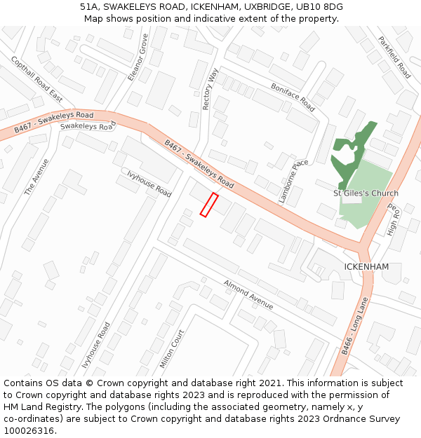51A, SWAKELEYS ROAD, ICKENHAM, UXBRIDGE, UB10 8DG: Location map and indicative extent of plot