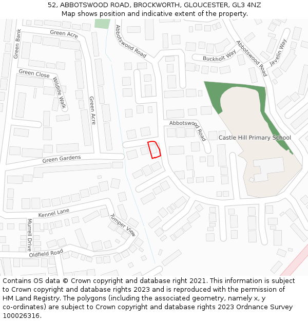 52, ABBOTSWOOD ROAD, BROCKWORTH, GLOUCESTER, GL3 4NZ: Location map and indicative extent of plot