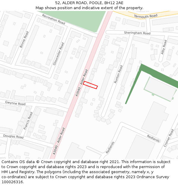 52, ALDER ROAD, POOLE, BH12 2AE: Location map and indicative extent of plot