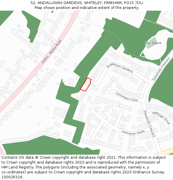 52, ANDALUSIAN GARDENS, WHITELEY, FAREHAM, PO15 7DU: Location map and indicative extent of plot