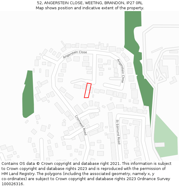 52, ANGERSTEIN CLOSE, WEETING, BRANDON, IP27 0RL: Location map and indicative extent of plot