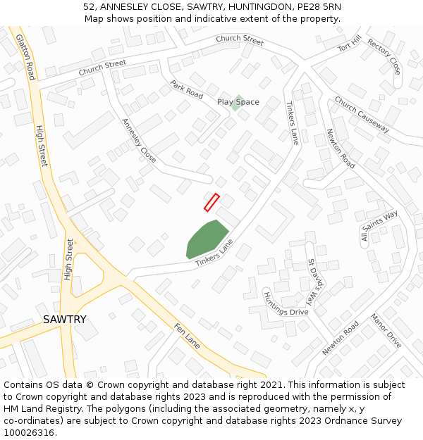 52, ANNESLEY CLOSE, SAWTRY, HUNTINGDON, PE28 5RN: Location map and indicative extent of plot