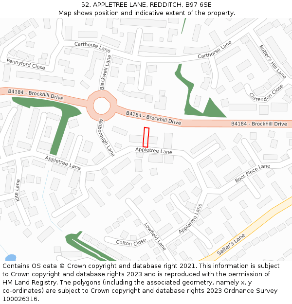 52, APPLETREE LANE, REDDITCH, B97 6SE: Location map and indicative extent of plot