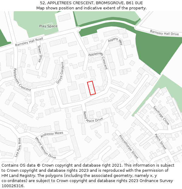 52, APPLETREES CRESCENT, BROMSGROVE, B61 0UE: Location map and indicative extent of plot