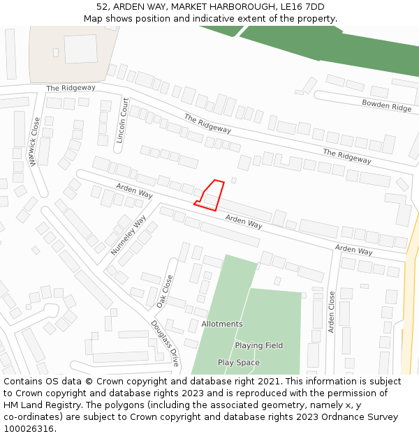 52, ARDEN WAY, MARKET HARBOROUGH, LE16 7DD: Location map and indicative extent of plot