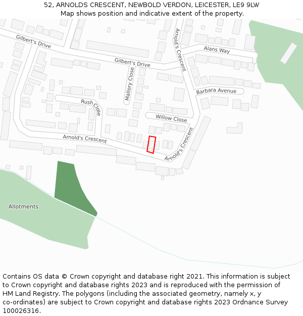 52, ARNOLDS CRESCENT, NEWBOLD VERDON, LEICESTER, LE9 9LW: Location map and indicative extent of plot