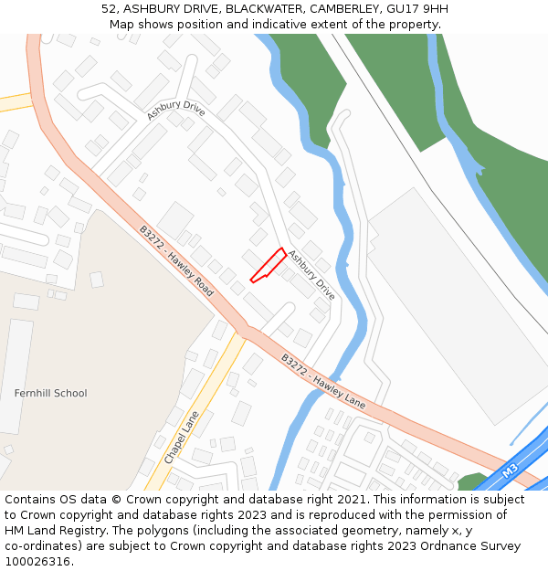 52, ASHBURY DRIVE, BLACKWATER, CAMBERLEY, GU17 9HH: Location map and indicative extent of plot